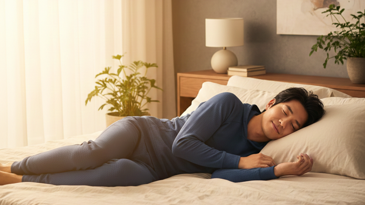 リカバリーウェアを着て寝ている男性