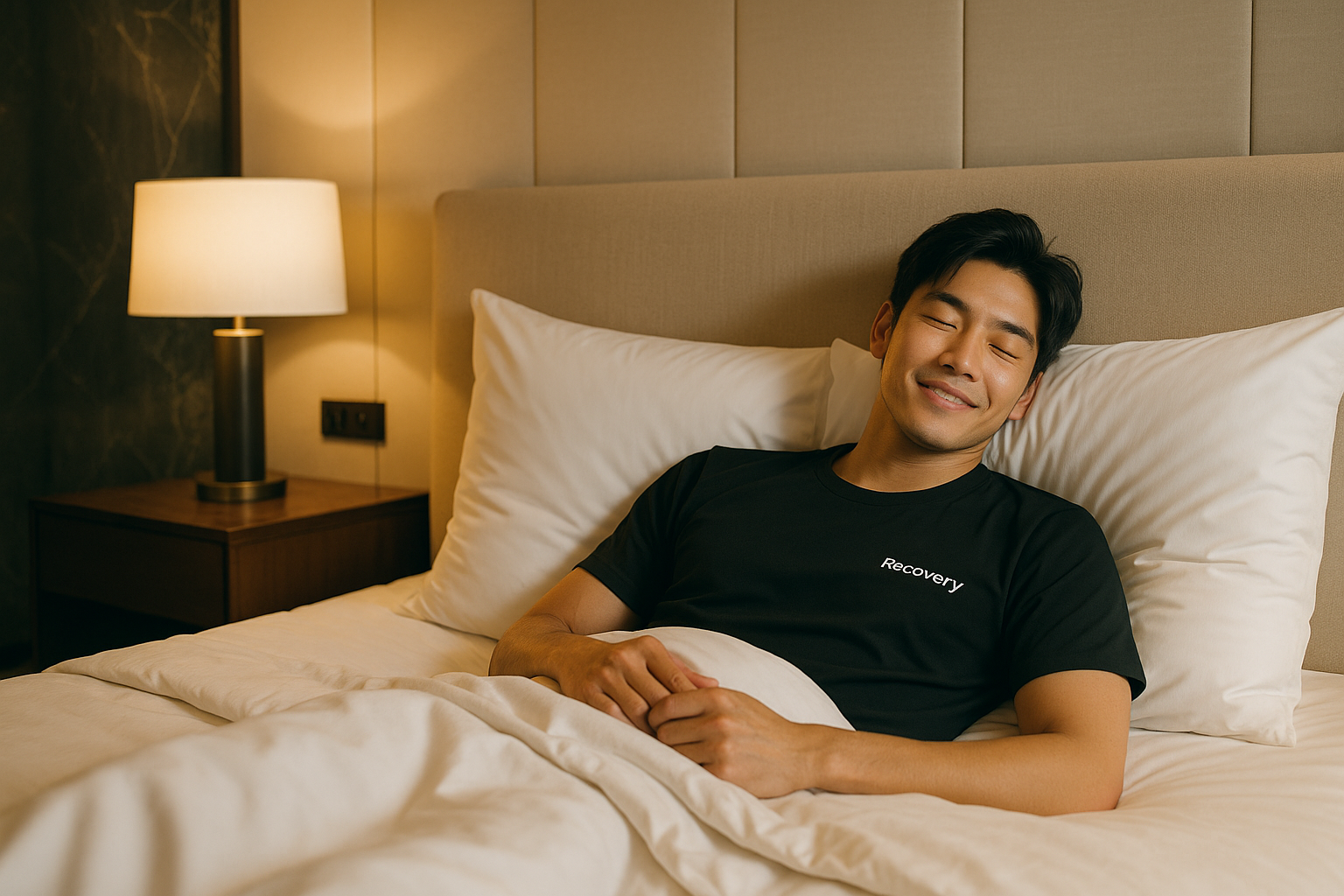 リカバリーウェアを着て睡眠をとる男性