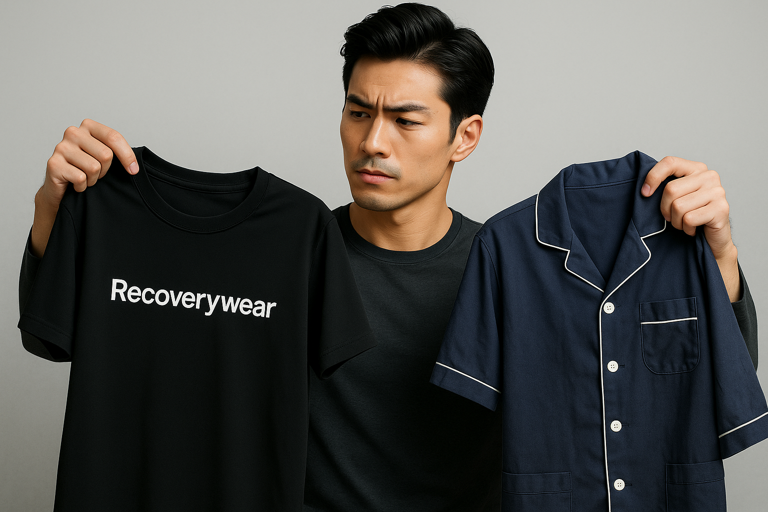リカバリーウェアとパジャマを比べる男性