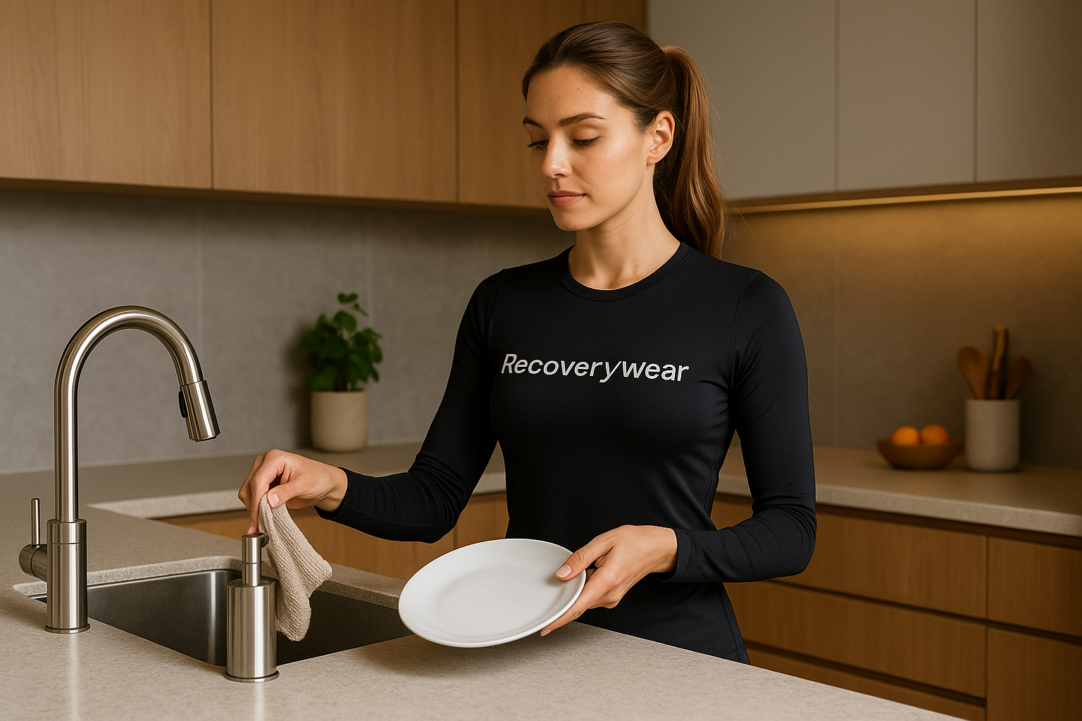 リカバリーウェアを着ながら家事をする女性