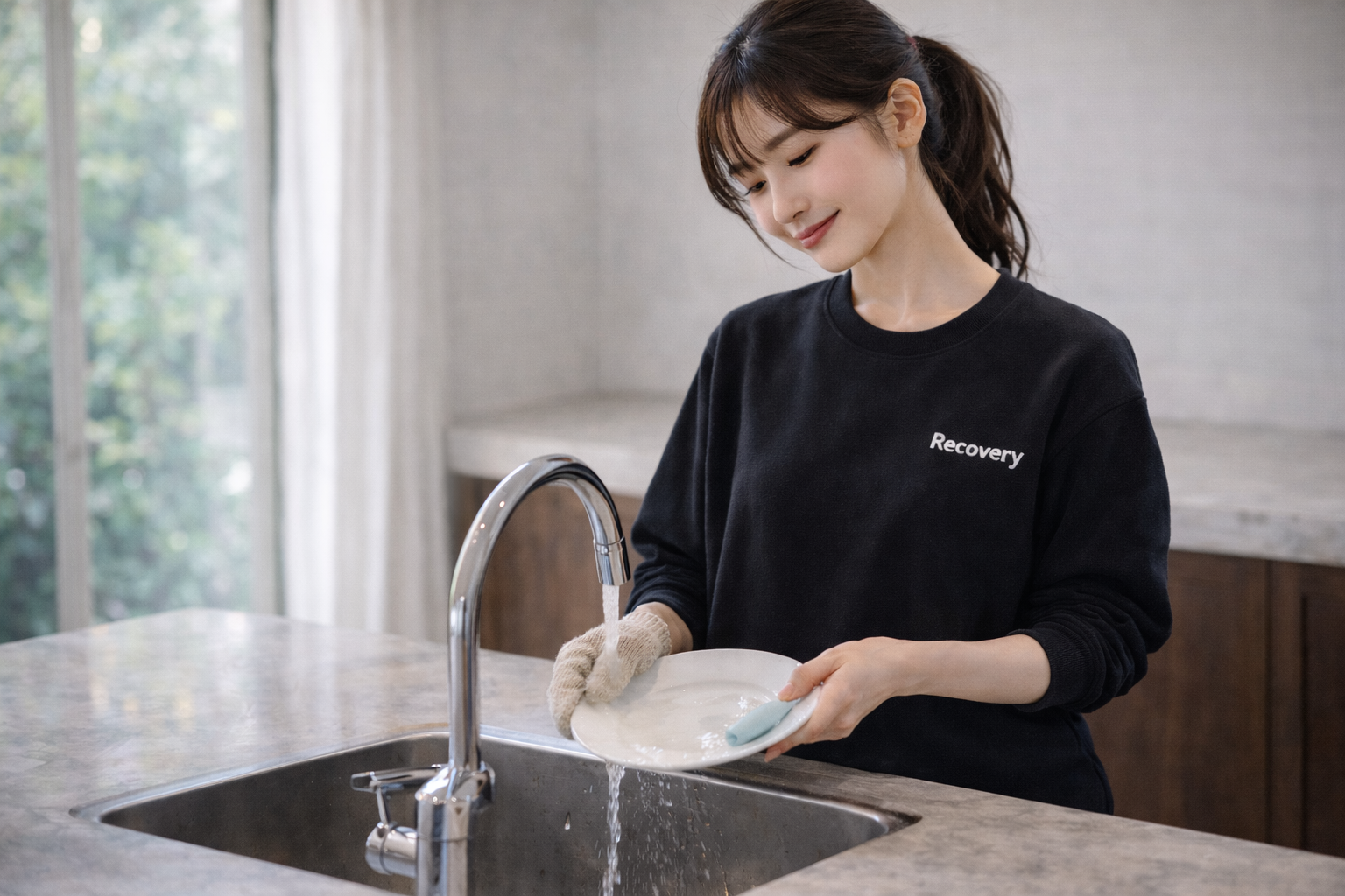 リカバリーウェアを着ながら洗い物をする女性