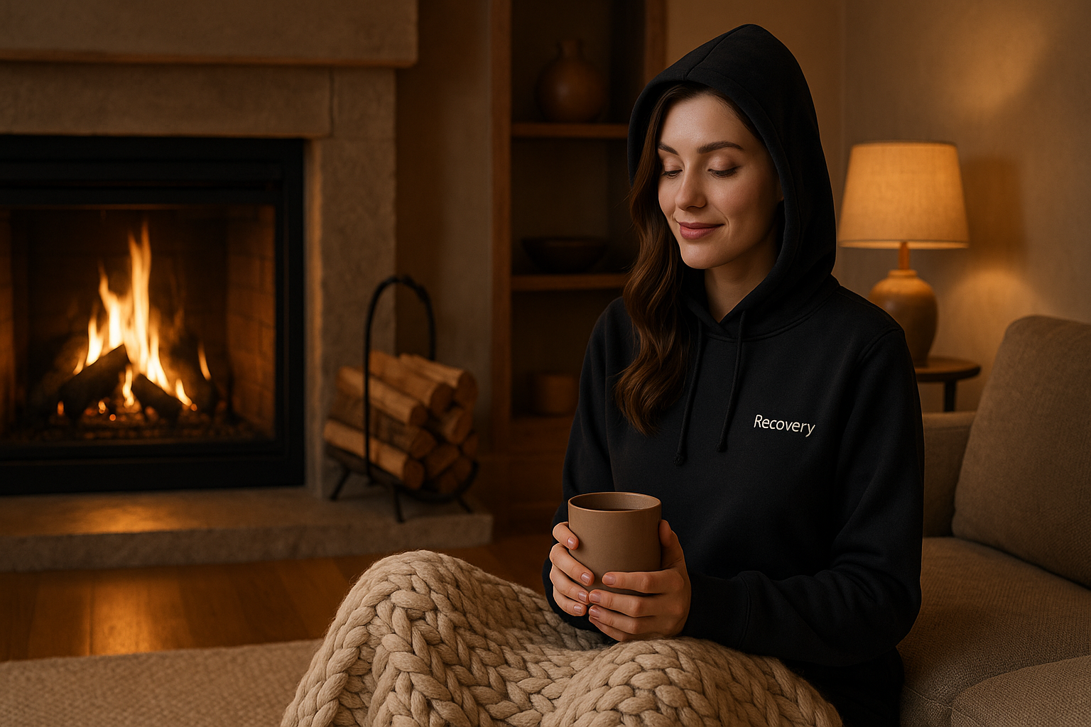 リカバリーウェアを着て温活をする女性